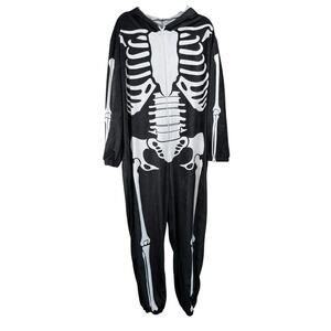 Spooky Skeleton Halloween Costume Black White Velour Hooded Jumpsuit Adult XL